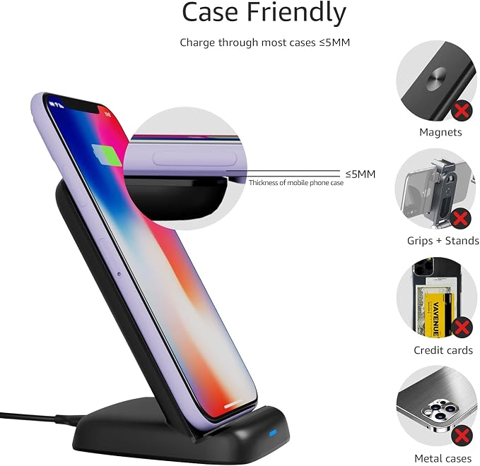 Amazon Basics Wireless Phone Charger Stand, 10W Qi Certified with USB Cable, Compatible with iPhone 16/15/14/13/12/11/X, Samsung & More, with USB Cable, Black (No AC Adapter) - Image 5