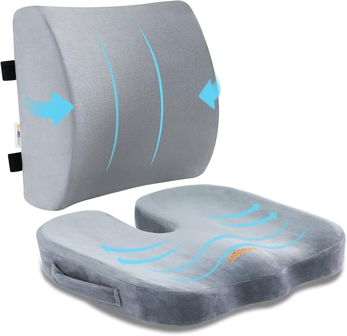 SAIREIDER Lumbar Support Pillow and Office Chair Cushion, Memory Foam Car Seat Cushions Back Support Pillows, Reduce Pressure On Tailbone and Sciatic Nerve, Relieve Pain of Back and Lumbar(Grey) by SAIREIDER