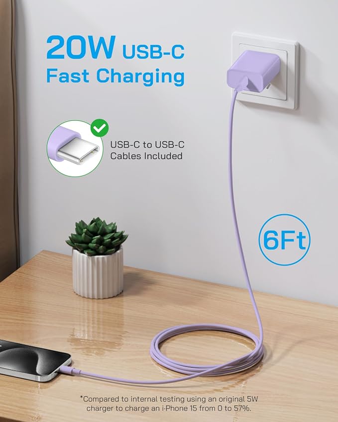 AISNI iPhone 17/16/15 Charger Fast Charging 3 Pack Type C Chargers | 20W USBC Charger Block for iPhone 17 16 15 Pro max iPad Pro with Long 6 FT iPhone USB C Cable--Purple - Image 2