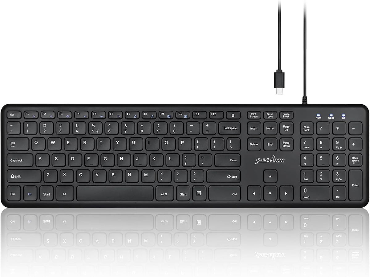 Perixx PERIBOARD-210C Wired Full-Size USB C Keyboard with Quiet Scissor Keys - Compatible with Windows, macOS, and Android Tablet and Laptops - Black - US English by Perixx