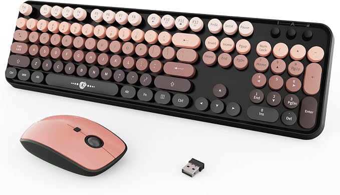 Wireless Keyboard and Mouse Combo, Retro Typewriter Style Keyboard with Round Keys, 2.4G Wireless Cute Keyboard and Mouse Set for PC, Laptop and Desktop-Black and Rose Gold by TT-FOPETT
