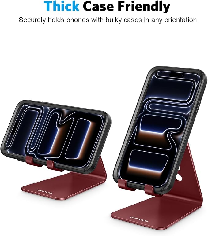OMOTON C2 Adjustable Cell Phone Stand with Charging Cutout, Cherry Red | Sturdy 3mm Aluminum, Charging Port, 270° Adjustable, Non-Slip Silicone Pads, Works with Thick Cases, for All Smartphones - Image 8