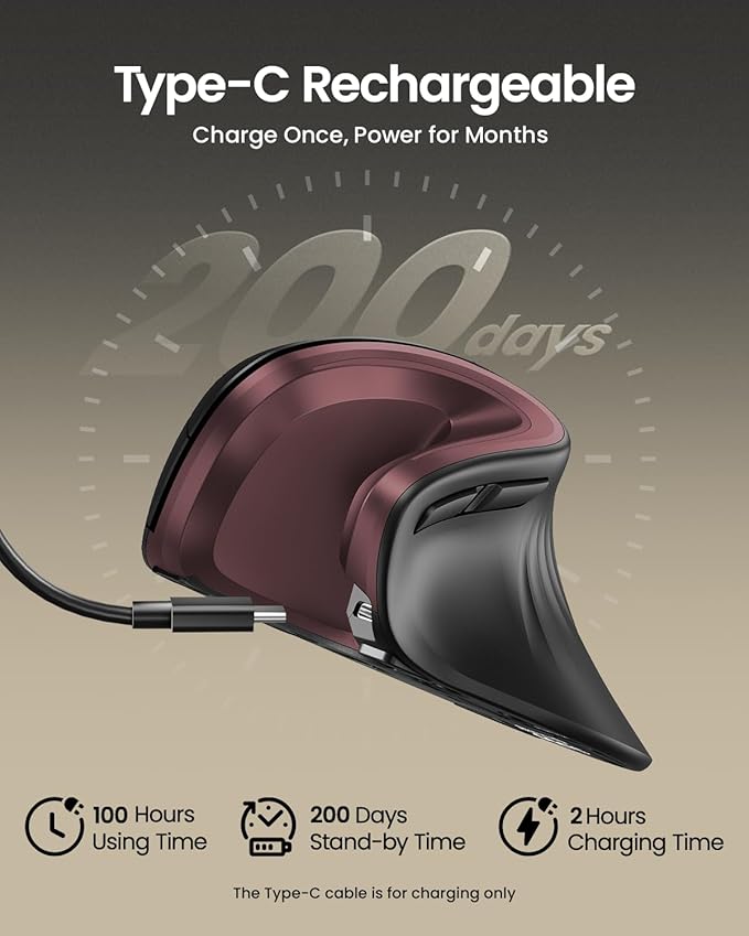 ProtoArc EM11 NL Wireless Ergonomic Vertical Mouse, Rechargeable, Wine Red | 58° vertical design supports a natural wrist posture, connect 3 devices via Bluetooth/2.4G USB-A, 500mAh USB-C rechargeable. - Image 2