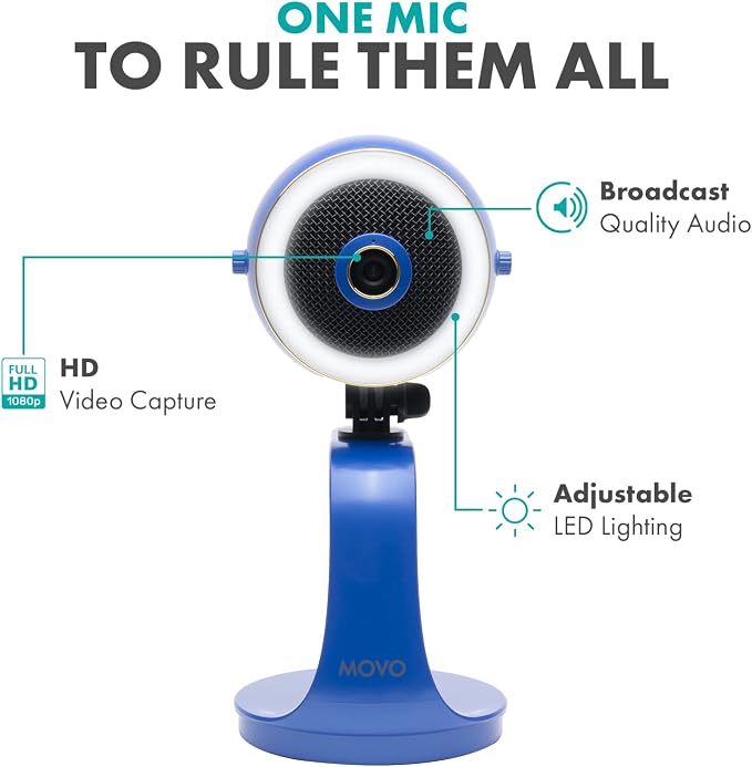 Movo WebMic HD Pro All-in-One Webcam with Mic and Ring Light in Royal Blue- 1080p HD Camera, Pro Cardioid Condenser Microphone, LED Ring Light - HD Webcam for Streaming, Video Calls, Recording, Gaming - Image 3