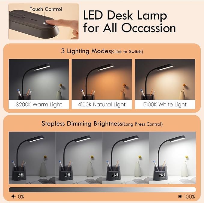 WILIT LED Desk Lamp for College Dorm Room Essentials, 3 Modes,Touch, Gray | Study Lamp with USB Charging Port, Pen Holder, Clock & RGB Night Light, Office Desk Accessories, Table Lamp for Bedroom - Image 2