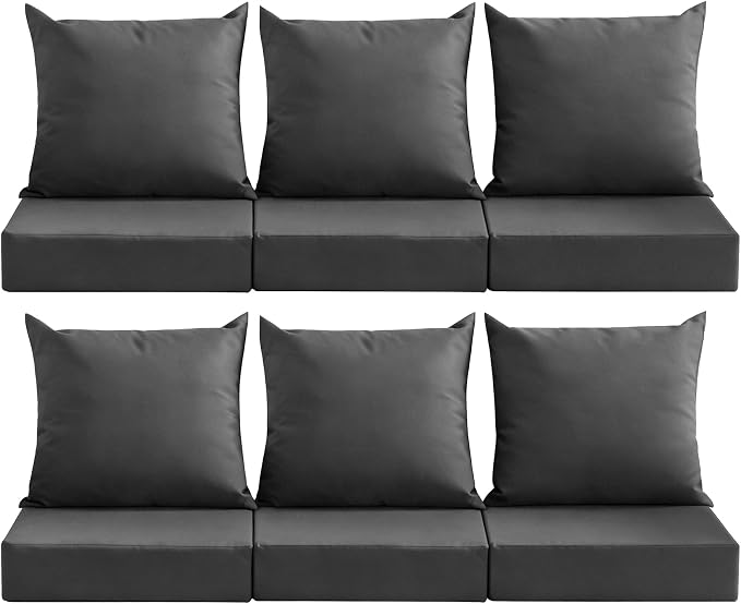 Outdoor Deep Seat Cushion Set, 24x24 Inch Water-Resistant & Fade-Resistant Outdoor Chair Cushions, Patio Furniture Cushions with Removable Cover for Patio Chair, Sofa, Dark Grey (Set of 6) by MuaMelop