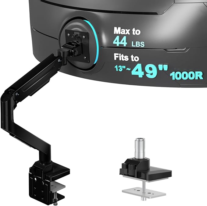 WALI Heavy Duty Monitor Arm for 13-49 inch 1000R Curved Screens，up to 44lbs | Ultrawide Monitor Desk Mount，Full Motion with Tilt, Swivel, Rotation, C-Clamp & Grommet Base, VESA 75/100mm (GSM001XL), Black by WALI