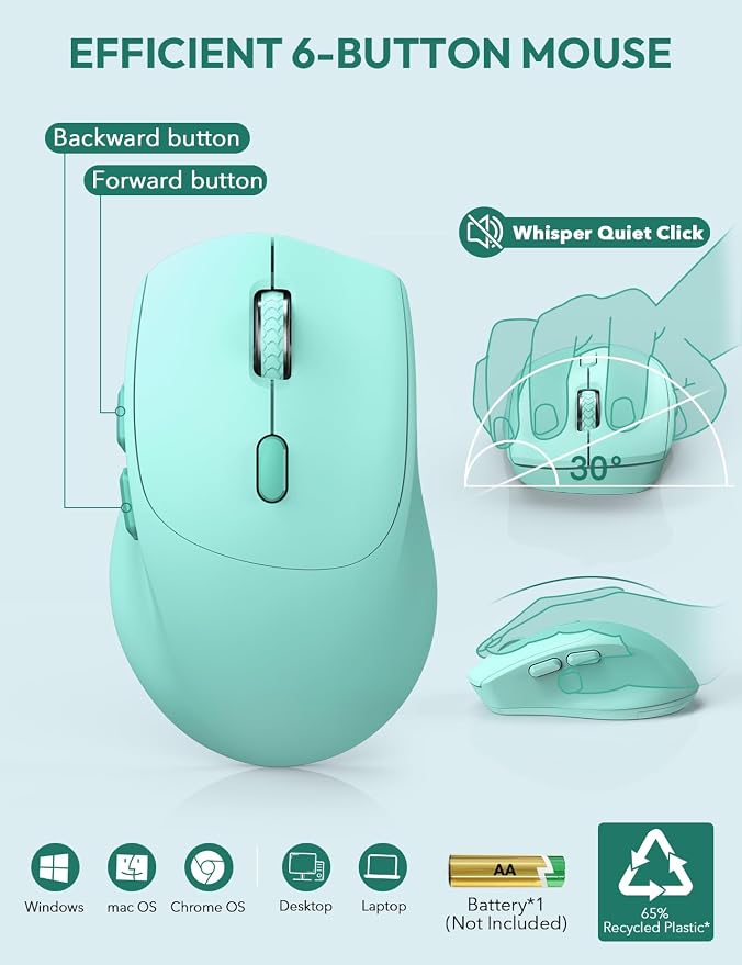 Wireless Keyboard and Mouse Combo, 2.4GHz, Ergonomic Wrist Rest | Full Size, 3-Level DPI, Phone Holder, Silent Typing, KM23D Batteries Powered Set for PC, Laptop, Windows, macOS (Mint Green) - Image 5
