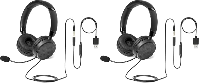 Amazon Basics On Ear Wired Computer Headset with Adjustable Microphone, 3.5mm Port or in-Line Control with USB-A Port, Foldable, Clear Sound, Small/Medium Size, Black (Pack of 2) by AmazonBasics