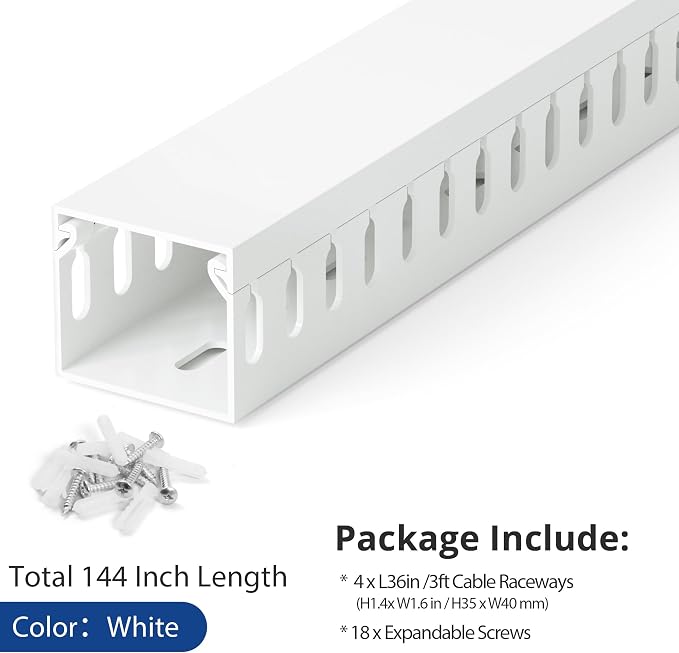 1.4"H x 1.6"W Cable Raceway, 12ft Under Desk Wire Management Channel, White | Slotted Wire Duct, 4 Pack (3 ft Each), Heavy-Duty PVC Cable Management for Server Racks, Network Cables & Electrical Cabinets - Image 4