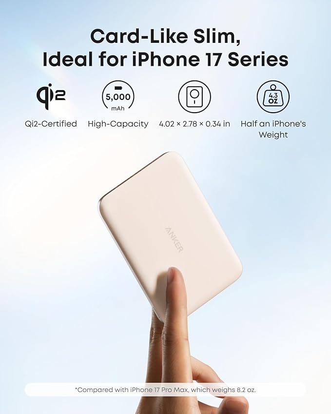 Anker Nano Magnetic Power Bank, 5,000mAh Qi2-Certified 15W Portable Charger (Golden) | Ultra-Slim Wireless Battery Pack with Ergonomic Design, Compact for Travel, for iPhone 17 / 16 Series and More - Image 3