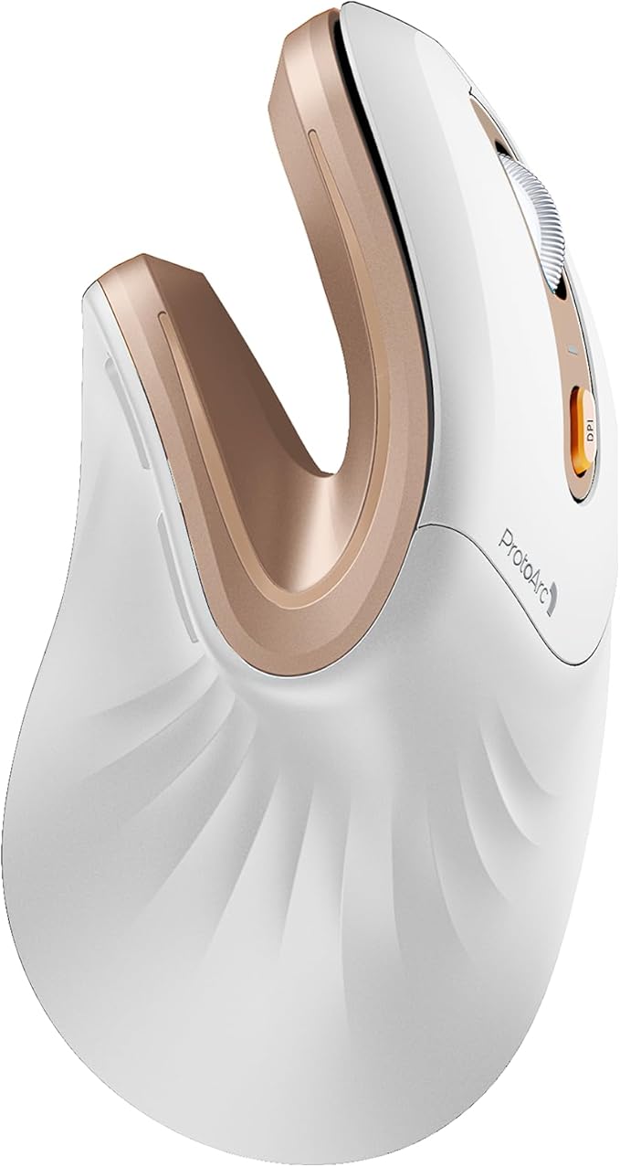 ProtoArc EM11 NL Wireless Ergonomic Mouse, Rechargeable, White Gold | 58° vertical design supports a natural wrist posture, connect 3 devices via Bluetooth/2.4G USB-A, 500mAh USB-C rechargeable. by ProtoArc