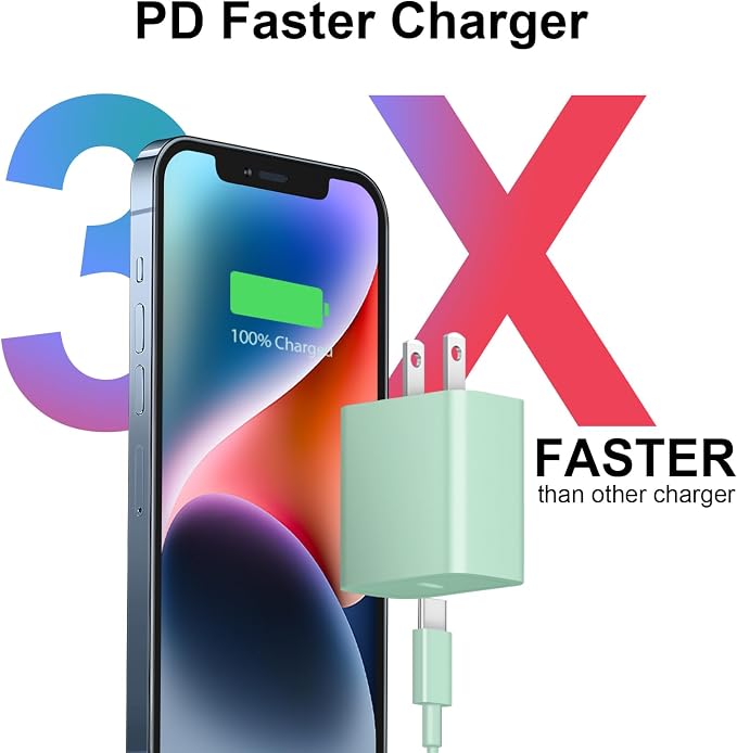 iPhone 17 16 15 Charger Fast Charging 2+2Pack 20W USB C Wall Charger with Extra Long 10FT Fast Charging Cable Compatible with iPhone 17/17 Air/17 Pro/17 Pro Max/iPhone 16/15 Series, iPad Pro -Green - Image 2
