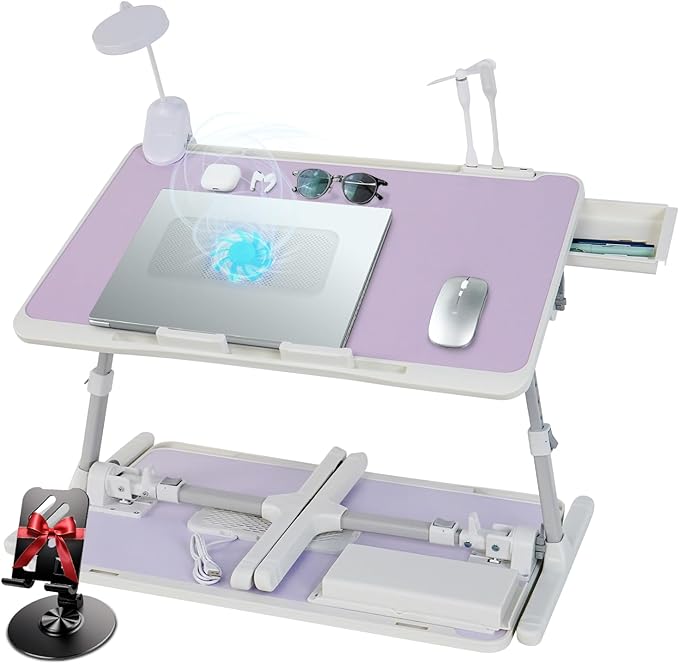 Adjustable Laptop Lap Desk with Cooling Fan USB Light for Adults 56x32cm,Purple by IXTRA