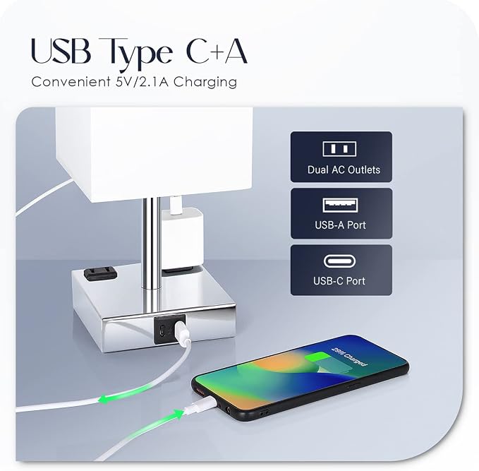 Bedside Lamp with USB Ports - Touch Control Table Lamp for Bedroom with USB C+A Charging Ports & AC Outlets, 3 Way Dimmable Nightstand Light for Living Room (LED Bulb Included, Chrome - White) - Image 3