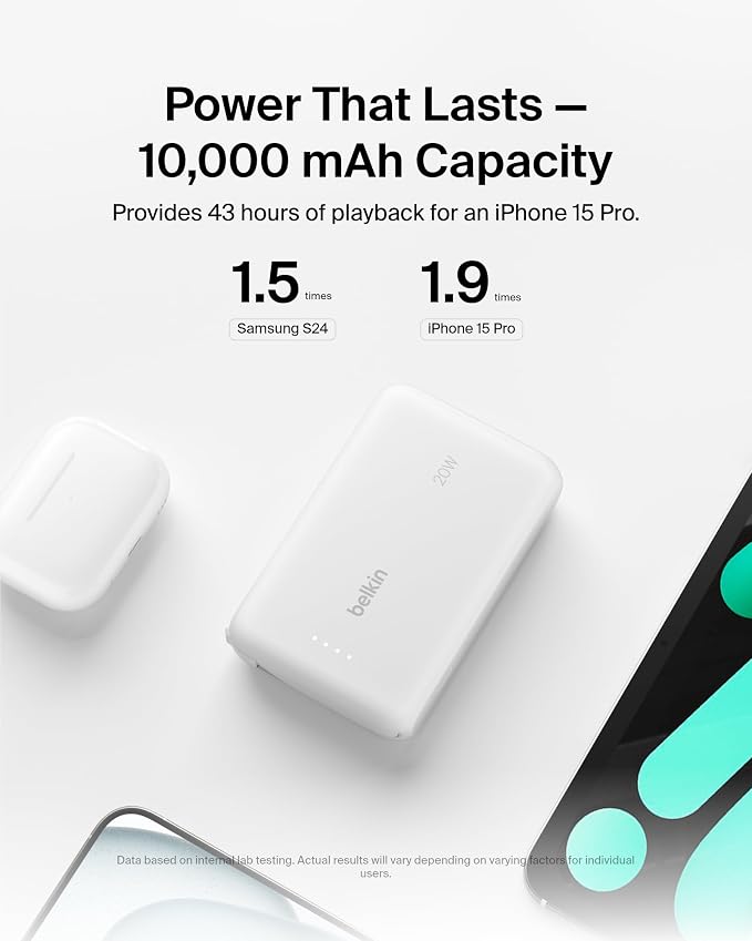 Belkin 10000mAh 20W USB C Power Bank, Portable Charger for iPhone & iPad | Fast Charging, Integrated USB C Cable, Eatra USB C Port, iPhone 17, iPad, Samsung Galaxy S26, Charge 2 Devices - Image 8