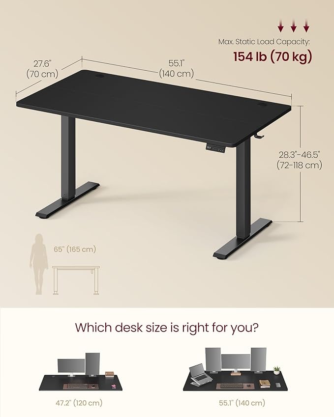 VASAGLE Electric Standing Desk, 55.1 x 27.6 Inches Height Adjustable Desk, Sedentary Reminder, 4 Memory Heights, for Home Office, Black ULSD315BZ020S - Image 2