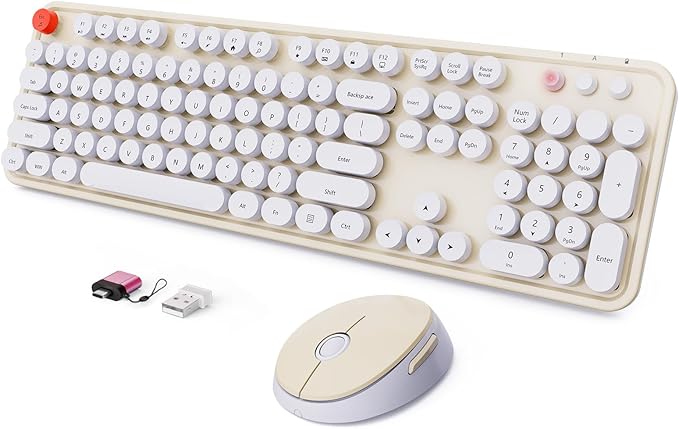 Wireless Keyboard and Mouse Combo, Ergonomic Full Size Typewriter Retro Round Keycaps Keyboard, Compatible with Windows, PC, Perfer for Home and Office Keyboards (Beige by SkyGive