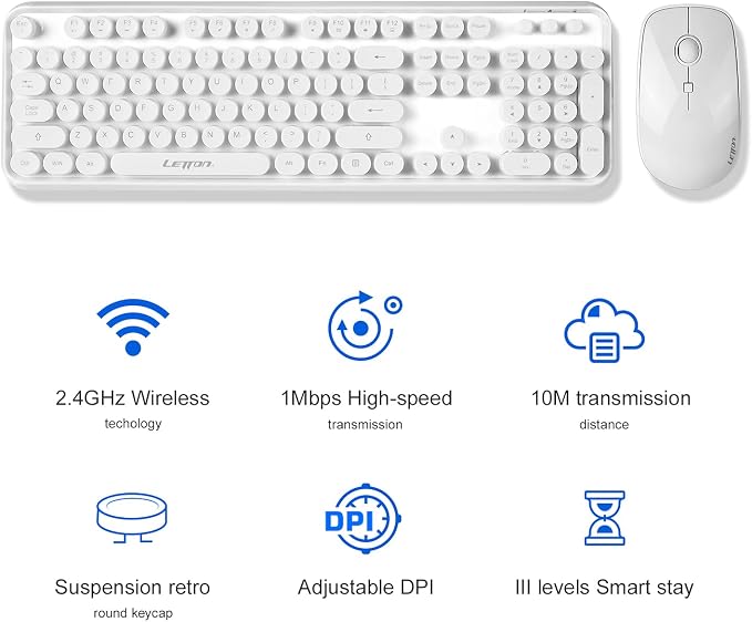 White Wireless Keyboard and Mouse Combo,Bubble Round Keys,Typewriter Style | Cute Aesthetic Minimalist Keyboard,Creamy Clicky Sound,2.4GHz Full-Size with Number Pad,for Long Nails PC Laptop Desktop - Image 3