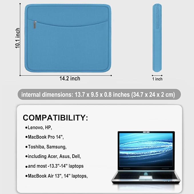 14 inch Laptop Sleeve Case, Shockproof Protective Laptop Cover Briefcase Carrying Computer Bag with Accessory Pocket Portable Computer Sleeve for 14" MacBook, HP, Dell, Lenovo, Acer, Light Blue - Image 4