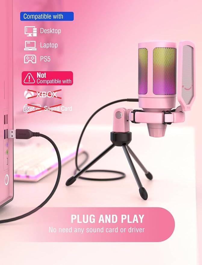 FIFINE AmpliGame Pink USB Gaming Microphone, Condenser RGB Mic for PC/PS5 | RGB Indicator, Gain Control, Quick Mute, Tripod Stand, Pop Filter, Cardioid Pickup, for Streaming Discord Twitch Podcasts - Image 5