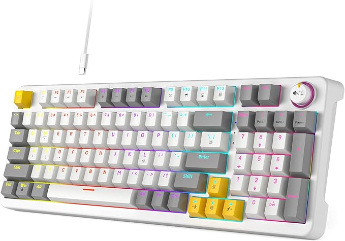 AK96 Smart Mechanical Keyboard Gaming, 96 Keys Full Size with LED Colorful Backlit, Clicky Creamy Sounding, USB Wired Computer Keyboard with Volume Knob for PC, Mac, Windows (White) by Meidosa