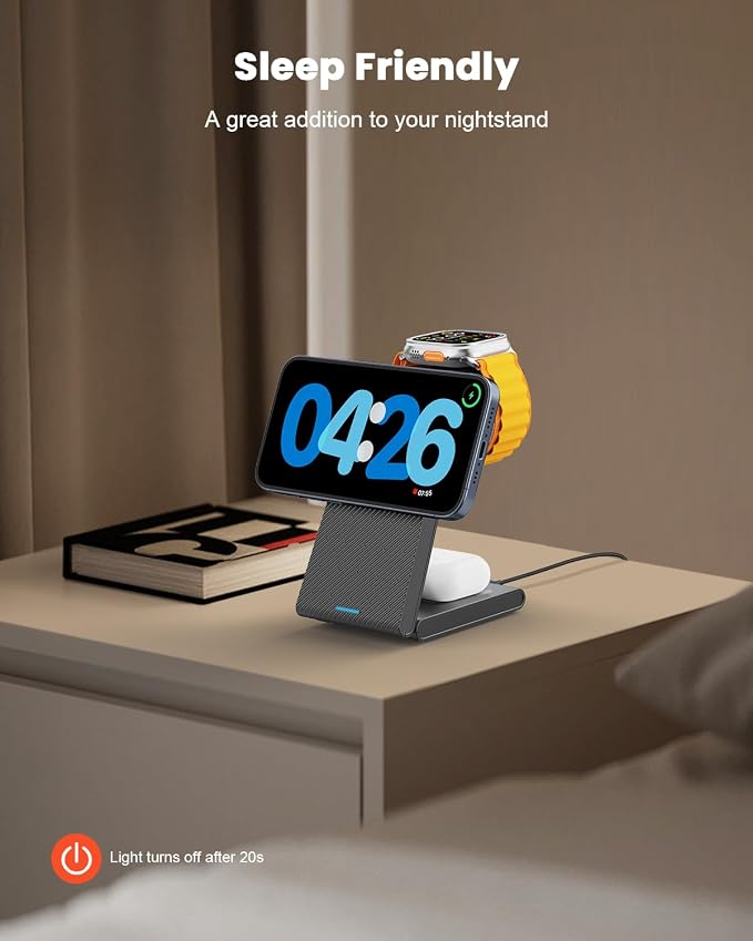 GEEKERA 3 in 1 Wireless Charging Station for Magsafe, Foldable Magnetic Wireless Charger Stand for Multiple Devices, Wireless Charger for iPhone 17 16-12 Series, Apple Watch 11-2, AirPods 4/3/2/Pro - Image 6