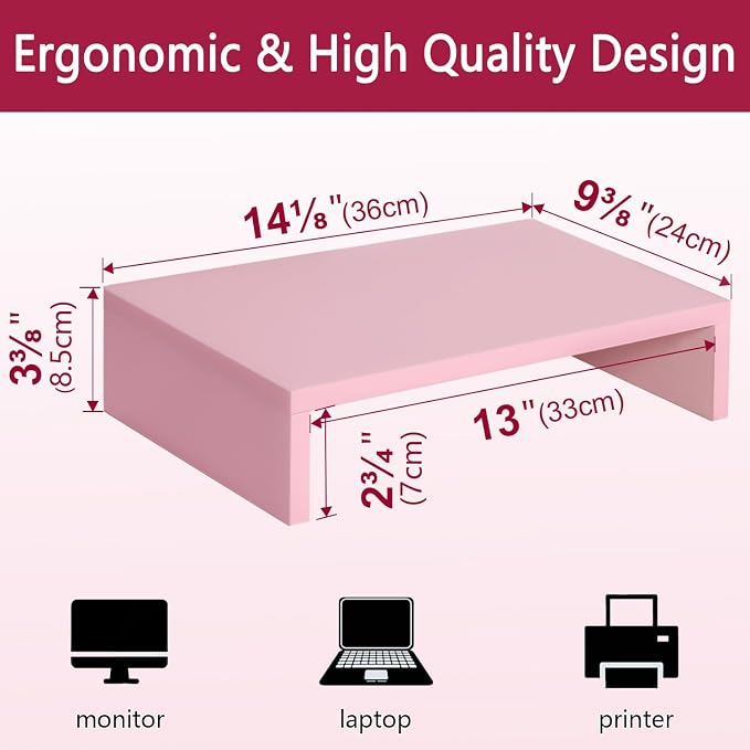 TEAMIX Pink Monitor Stand Riser for Desk, Small Computer/Laptop Stand Wood | 14.2"L x 9.5"W, Holds 80 lbs, Desktop Organizer Shelf, Ergonomic Morden Design, Easy Assembly, For Home Office, Gaming - Image 4