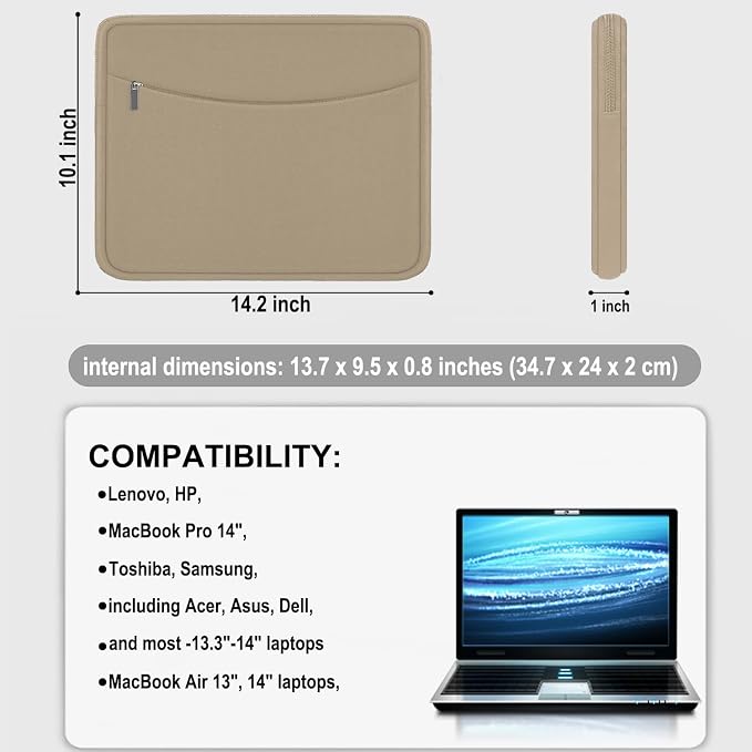 14 inch Laptop Case, Shockproof Protective Laptop Cover Briefcase Carrying Computer Bag with Accessory Pocket Portable Computer Sleeve for 14" MacBook, HP, Dell, Lenovo, Acer, Khaki - Image 4