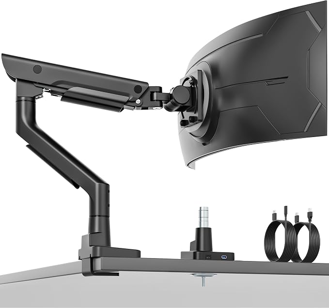 monTEK USB Monitor Arm for 17-57" Ultrawide, 59.4 lbs, Black | USB-A/C ports, pneumatic lift, quick-release VESA 75/100 plate, clamp/grommet bases and cable management - Image 10
