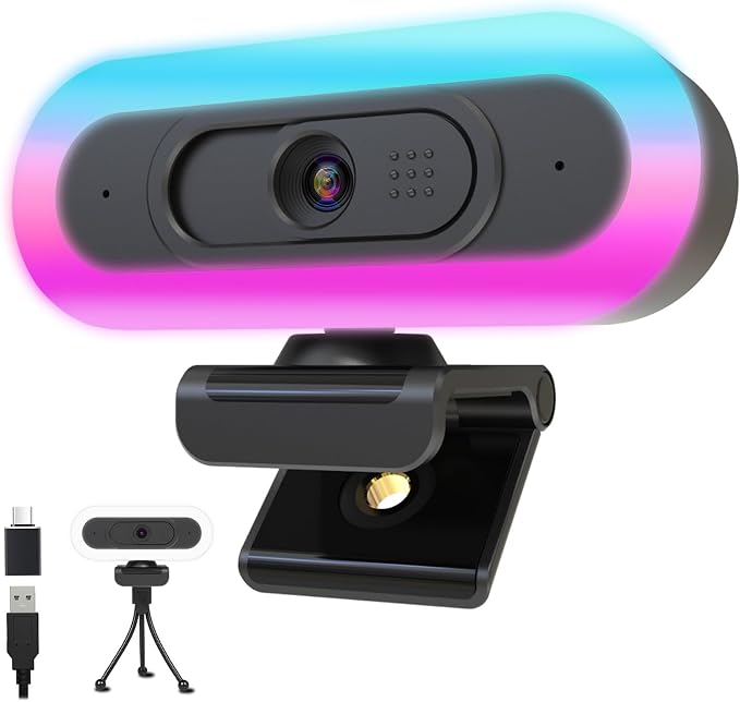 2k Webcam with Ring Light/Microphone,PC Gaming Computer Camera | PC Webcam with RGB Light/Cover/Tripod,Autofocus,65°FOV,Plug and Play USB C Web Camera for Laptop Streaming/Zoom Meeting by Hgarsin