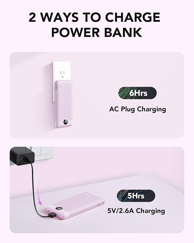 VRURC Portable Charger, Power Bank Built-in Cables and AC Wall Plug | USB C Power Bank 10000mAh Travel Essentials Phone Charger Compact External Battery Pack For Smart Phones, Tablets etc-Purple - Image 5