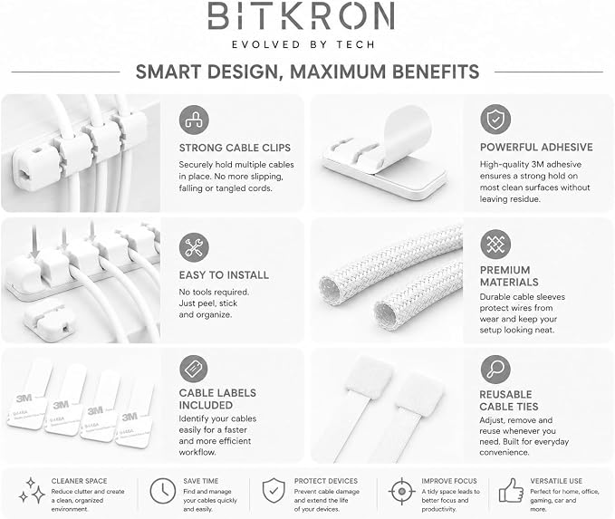Cable Management Kit for Desk, 34-Piece, Black, Magnetic Organizer, Silicone Clips, Velcro Straps, Sleeve Wrap, Adhesive Cord Holders Office, Home & Gaming Setup WHITE (white) - Image 3