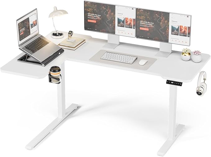 L Shaped Electric Standing Desk - 59x40 Inch Reversible Corner Sit Stand Desk with Hook&Cup Holder,Electric Height Adjustable Table,for Home Office Gaming Computer Desk, White by Acrolix