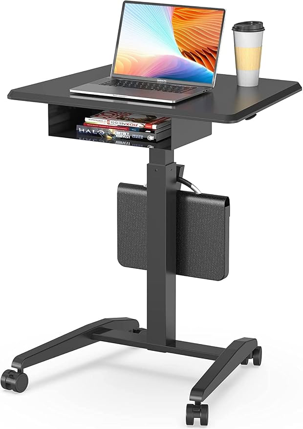 JOY worker Rolling Laptop Desk with Drawer, 28" Black Mobile Standing Desk | Pneumatic Height Adjustable, Open Storage Shelf, 4 Rolling Wheels, Portable Sit Stand Desk, Home Office School, Holds 22lbs by JOYworker