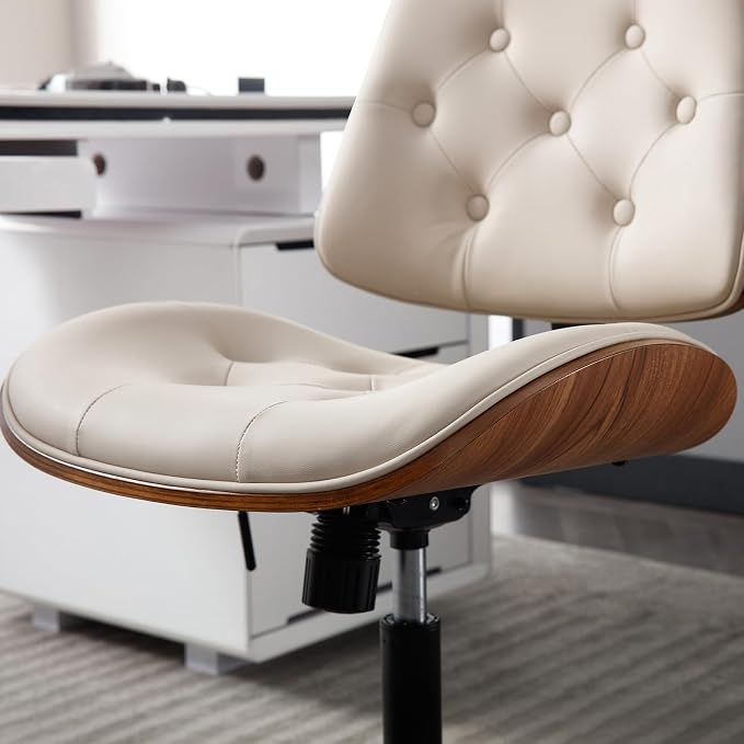 Armless Home Office Chair in Button Style, PU Leather Small, Beige | PU Leather Adjustable Height Computer Desk Chair, 360 Swivel Small No Arms Office Seat, Walnut Design Stool, 300LBS Cap - Image 3