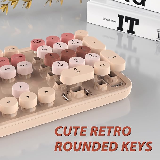 Cute Colorful Retro Typewriter Wireless Keyboard Mouse Combo | Retro Typewriter Keyboard with Round Keycaps, Full-Size Ergonomic, Ideal for Windows PC, Home, Office, - Image 2