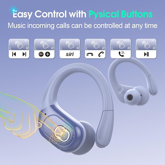 Aptkdoe Wireless Earbuds 75H Bluetooth 5.4 Sport Headphones with Earhooks | IPX7 Waterproof In-ear Buds Feature ENC Noise Cancelling Mic. Stereo Sound Device for Gym Running Workout, Purple Blue - Image 8