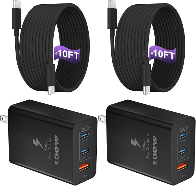 USB C Charger Block 100W, 3-Port GaN Super Fast Phone Charger, Type C 65W Laptop Chargers with 10ft USB C Charging Cable for MacBook Pro/Air,iPad Pro, iPhone 17/16/15Pro, S26 Ultra/S25/S24-Black by Auorld