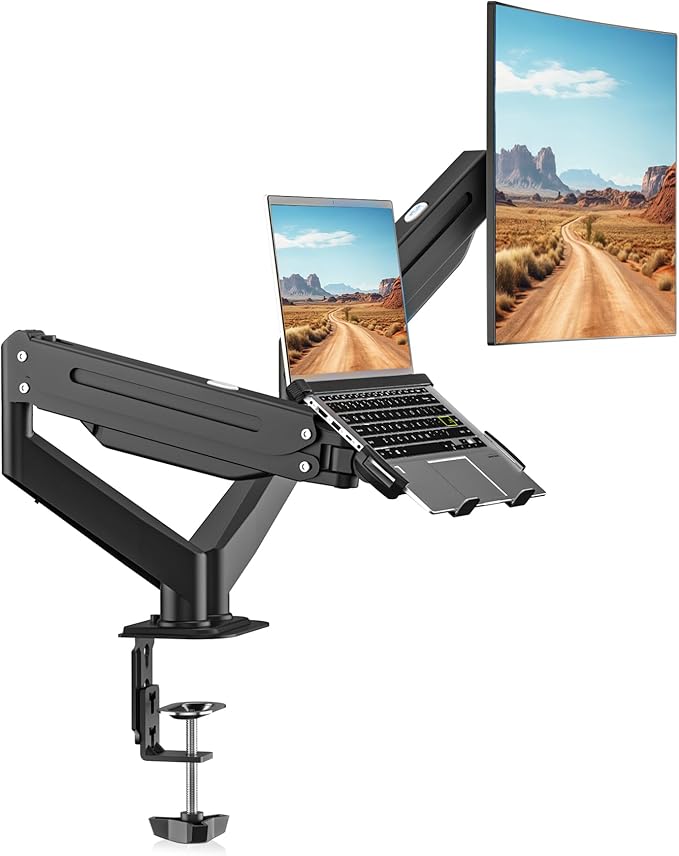 Suptek Monitor Laptop Mount Stand, 2 in 1 Function Dual Monitor Arms Desk Mount for 13"-18" Notebook and 17"-32" Monitor with Laptop Tray,Holds up to 22lbs by suptek