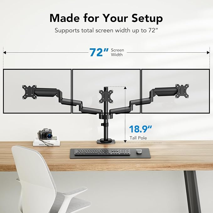 HUANUO Triple Monitor Mount for 13-27 inch Computer Screens, Gaming 3 Monitor Desk Mount with Arm Holds 19.8lbs, Triple Monitors Stand with Tilt, Swivel, Rotation, VESA 75x75, 100x100mm - Image 5