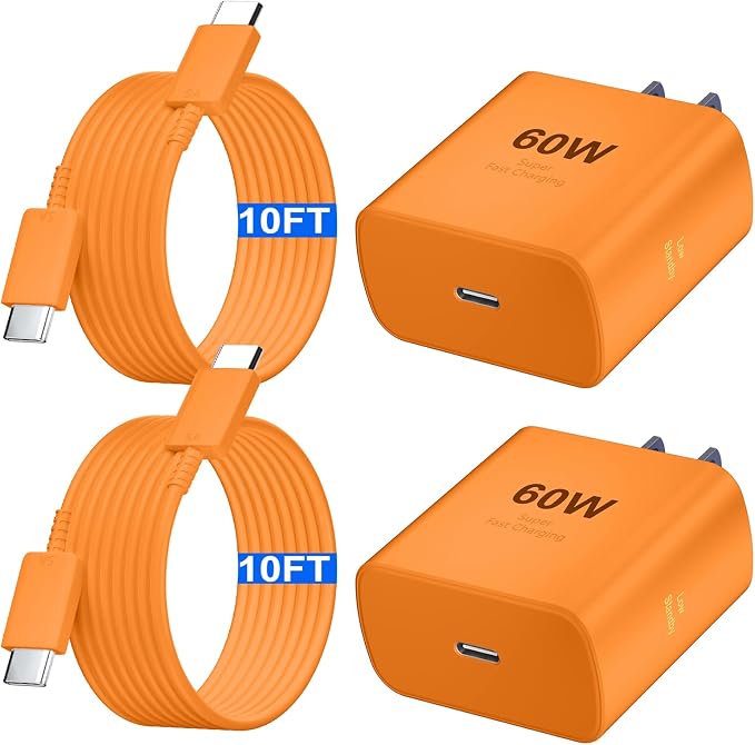 Type C Charger Fast Charging 60W Super Fast USB C Fast Charger Block with 10FT Extra Long C to C Charging Cord for Samsung Galaxy S26 Ultra/S26/S26+/S25 /S24/S23 Ultra/iPhone 17 16 15 Pro Max-Orange by Auorld