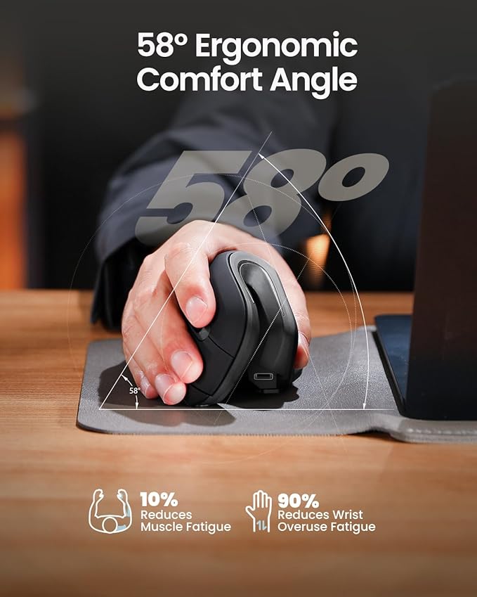 ProtoArc EM11 NL Wireless Ergonomic Vertical Mouse, Rechargeable, Gray | 58° vertical design supports a natural wrist posture, connect 3 devices via Bluetooth/2.4G USB-A, 500mAh USB-C rechargeable. - Image 5