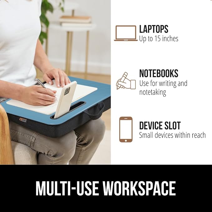GORILLA GRIP Laptop Lap Desk with Phone Holder, Pillow Cushion Desks Fit Laptops up to 15.6", Tray Ledge Keep Computers in Place, Portable Travel Workstation Essentials for Home, Dorm Room, Blue - Image 6
