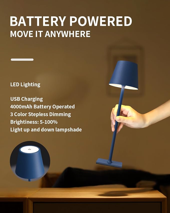 KDG 2 Pack Cordless Blue Table Lamps, Rechargeable Portable LED Desk Lamps | 4000mAh Battery Operated 3 Color Stepless Dimming Up for Restaurant, Bedroom, Outdoor Party, Camping, Coffee Shop, Nightlight - Image 4