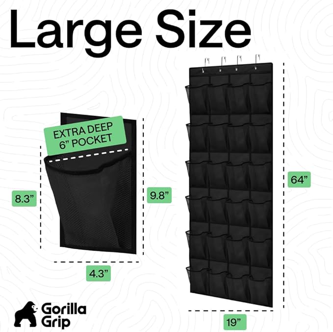 GORILLA GRIP Over the Door Shoe Organizer, 24 Extra Large Pockets, Black | Breathable Mesh Pocket, Space Saving Hanging Storage Holder, Closet Rack Hanger for Shoes, Pantry and Bathroom Accessories - Image 7