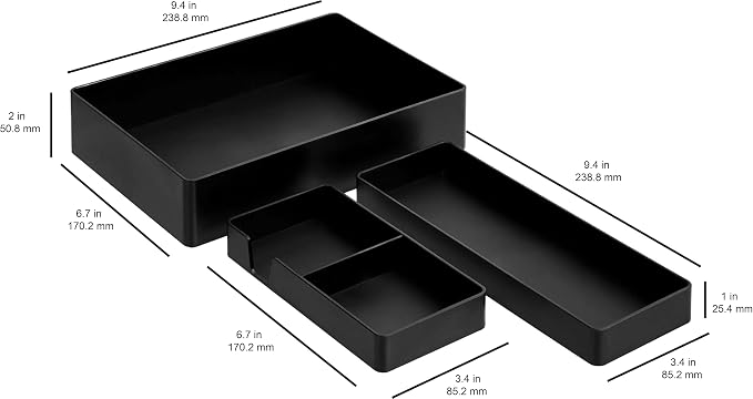 Amazon Basics Rectangular Plastic Desk Organizer Bundle, 3 Pieces with Half Accessory Tray, Small, Black - Image 2