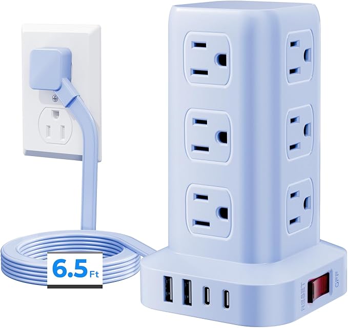 Power Strip with 12 Outlets 4 USB (1 USB C), 6.5Feet Extension Cord with Multiple Outlets, Charging Station, Blue Power Strip Tower, Home Office Desk Supplies by SMALLRT