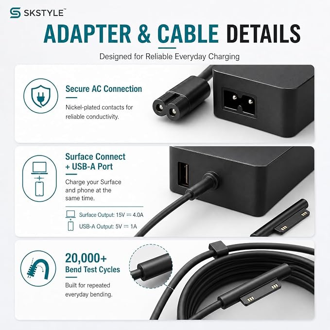 65W Surface Pro Charger Compatible with Microsoft Surface Pro 11/10/9/8/7+/7/6/5/4/3/X, Surface Laptop 7/6/5/4/3/2/1, Surface Go 4/3/2/1, Surface Book 3/2/1, 10FT Power Adapter with USB Port - Image 9