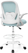 Drafting Chair Tall Office Chair with Flip-up Armrests, Adjustable Height, and Enhanced Lumbar Support - Ergonomic Rolling Stool, Back Support, and Adjustable Foot Rest Ring Light Blue by Primy